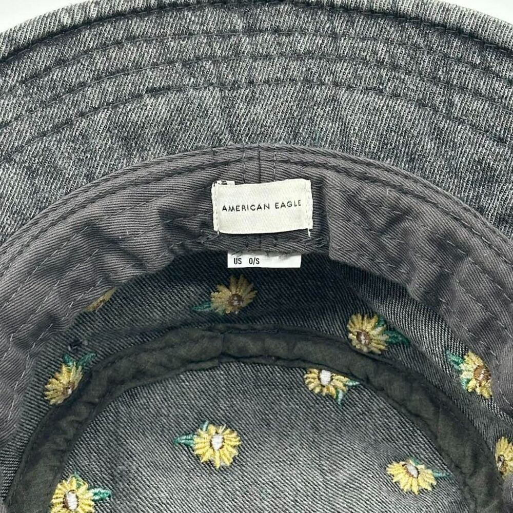 American Eagle Denim Bucket Hat Sunflower Embroidered Black Denim One Size - Picture 6 of 7